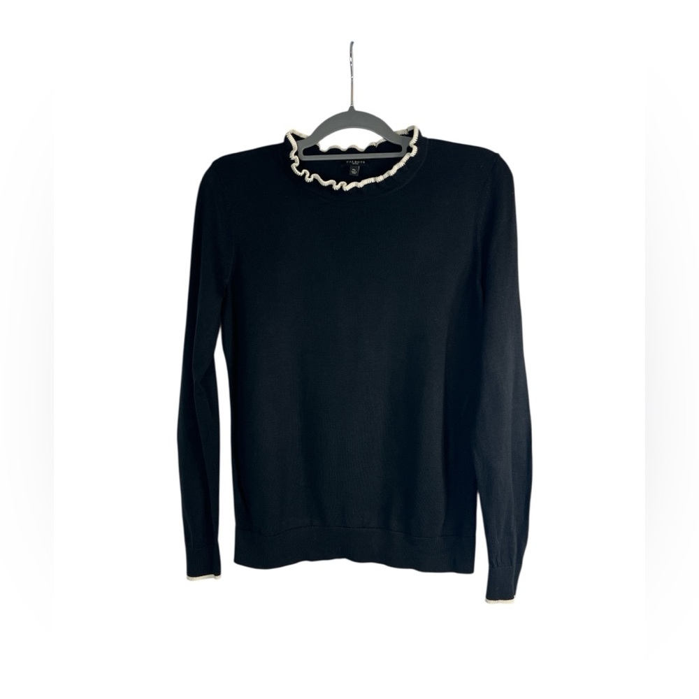 Talbots Petites Sweater Women’s MP Black Lightweight Ruffle Trim Knit‎
